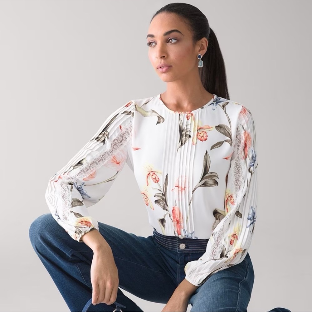 White House Black Market White Floral Lace-Trim Pleated Blouse
